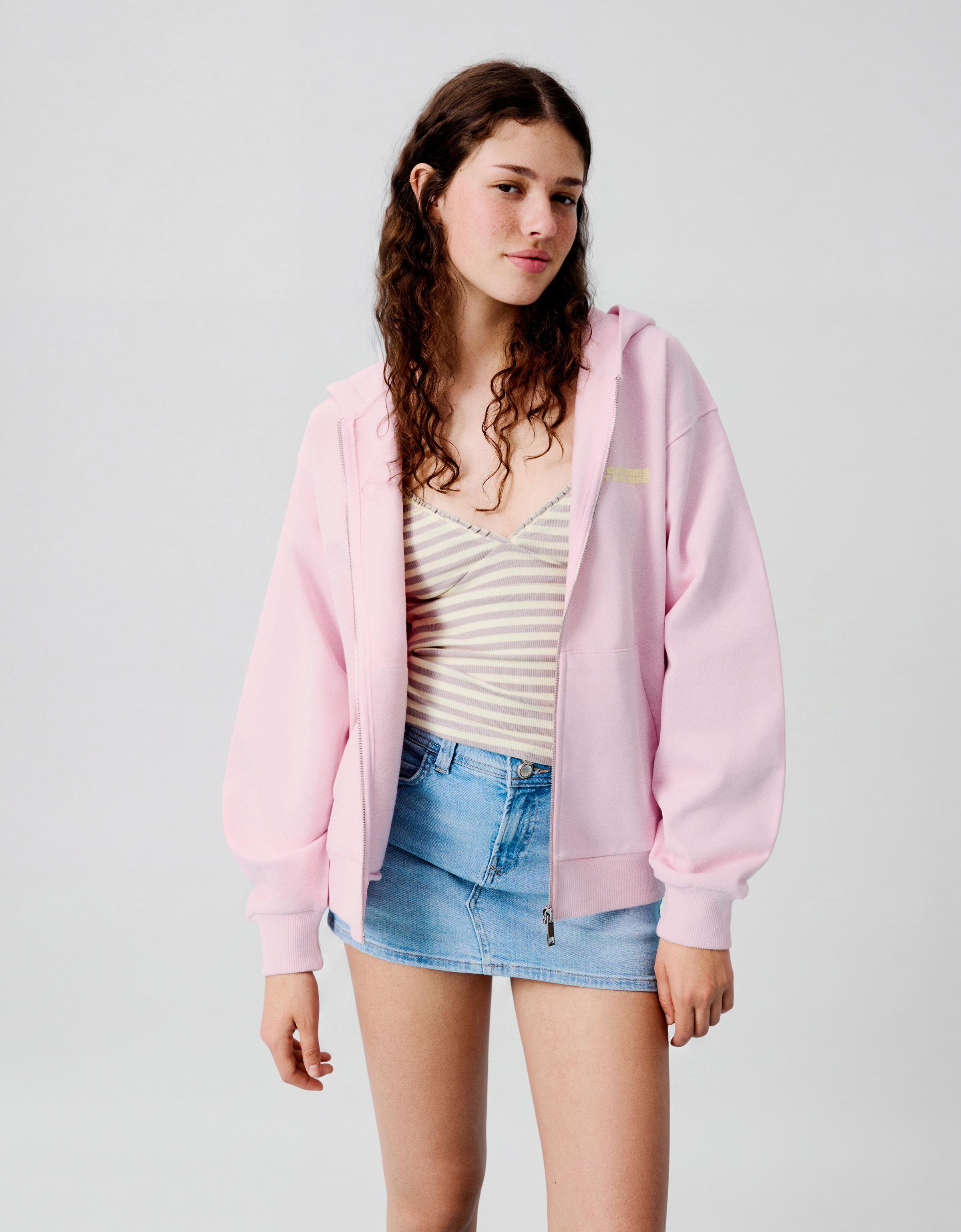 Oversize zip-up hoody with print — Pink