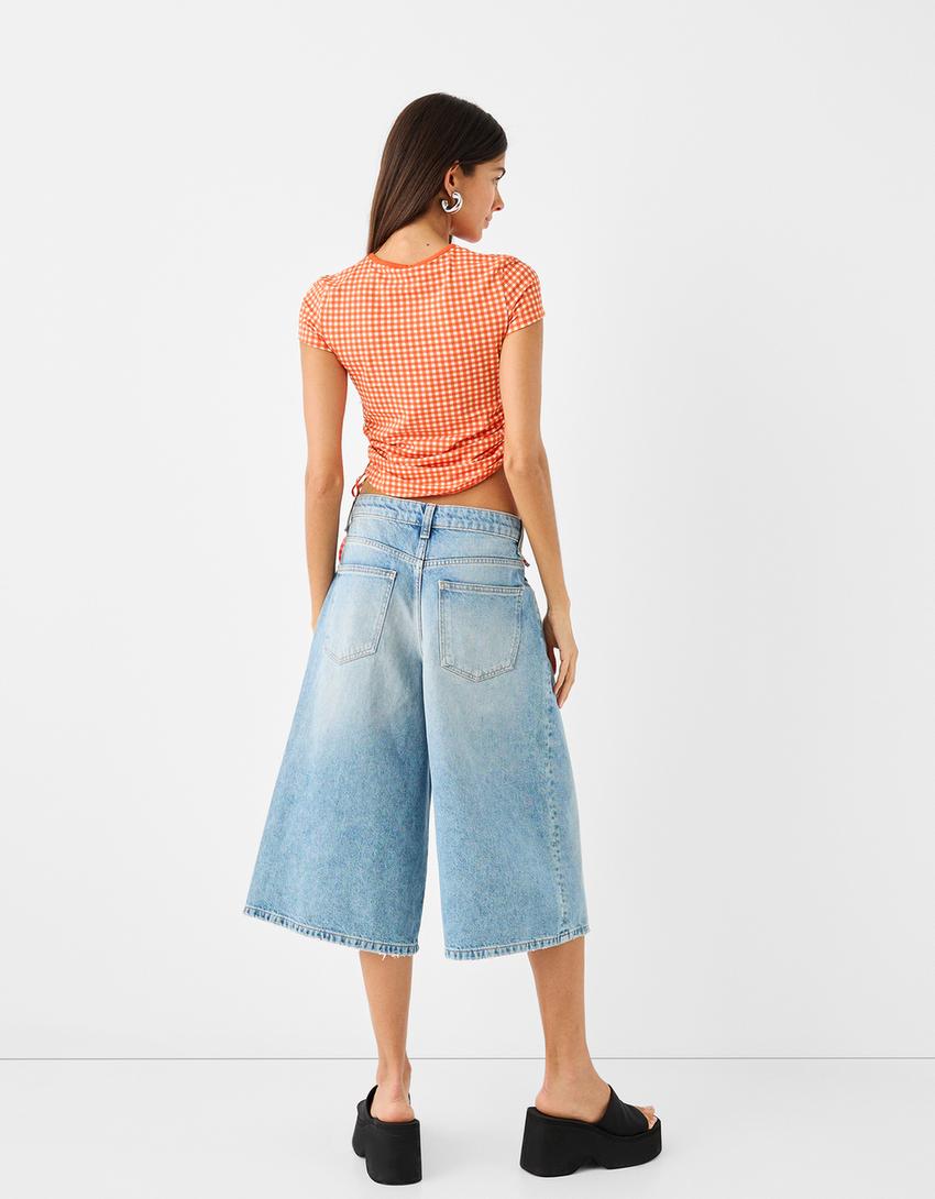 Printed short sleeve T-shirt with side gathering-Red-1