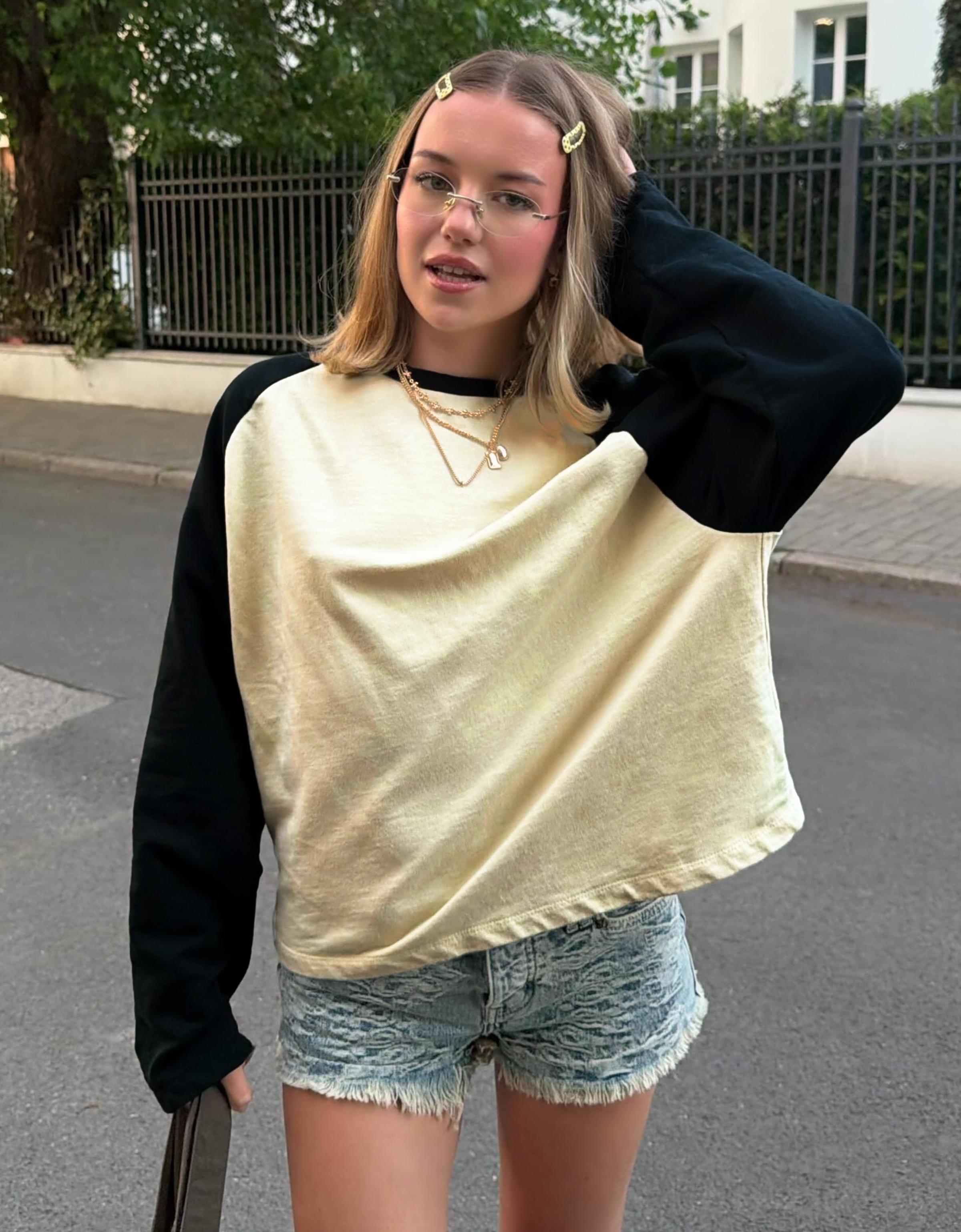 Bershka Camiseta Manga Larga Ranglan Mujer Amarillo