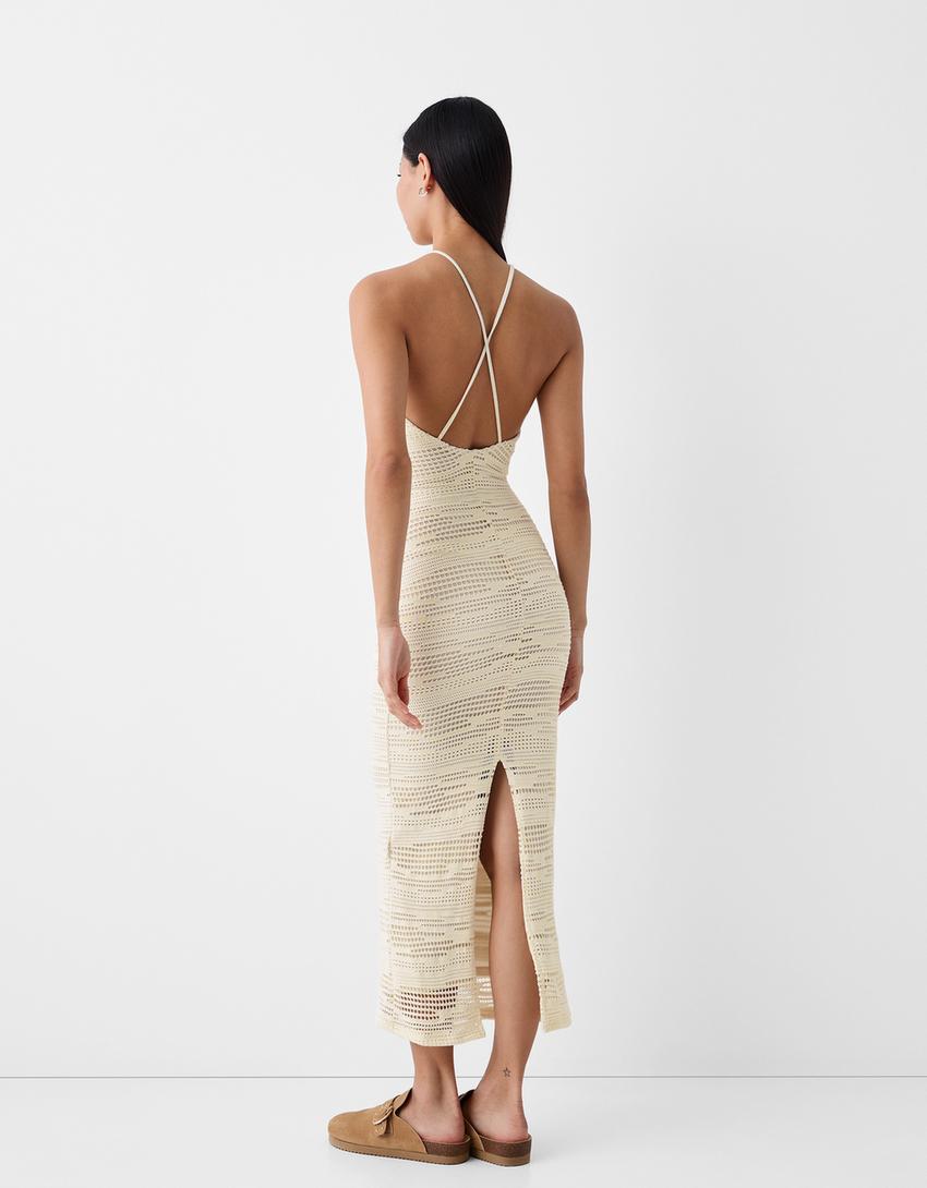 Robe maxi encolure américaine rustique-Écru-2