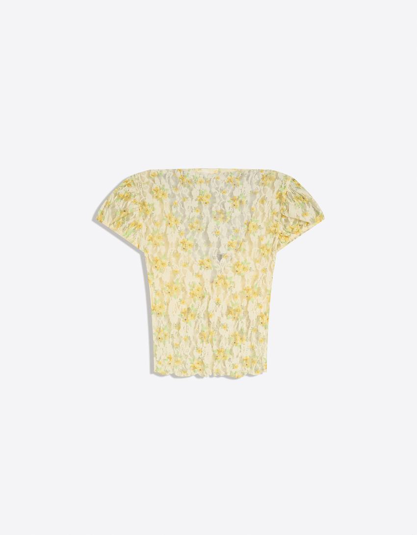 Short sleeve lace top-Yellow