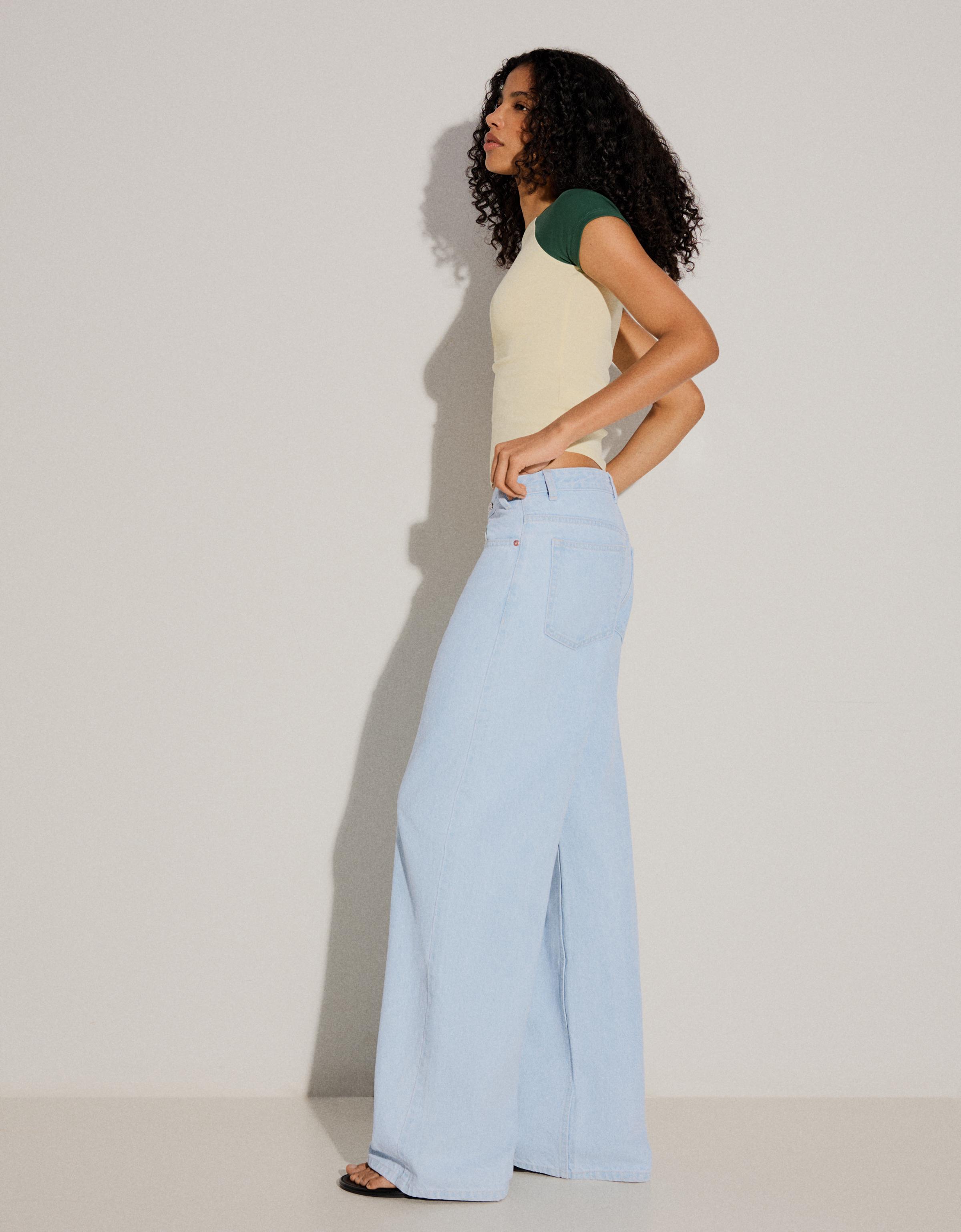 Wide leg jeans with crossover waist — Light blue