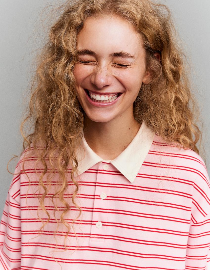 تيشرت بياقة بولو وأكمام قصيرة-زهري