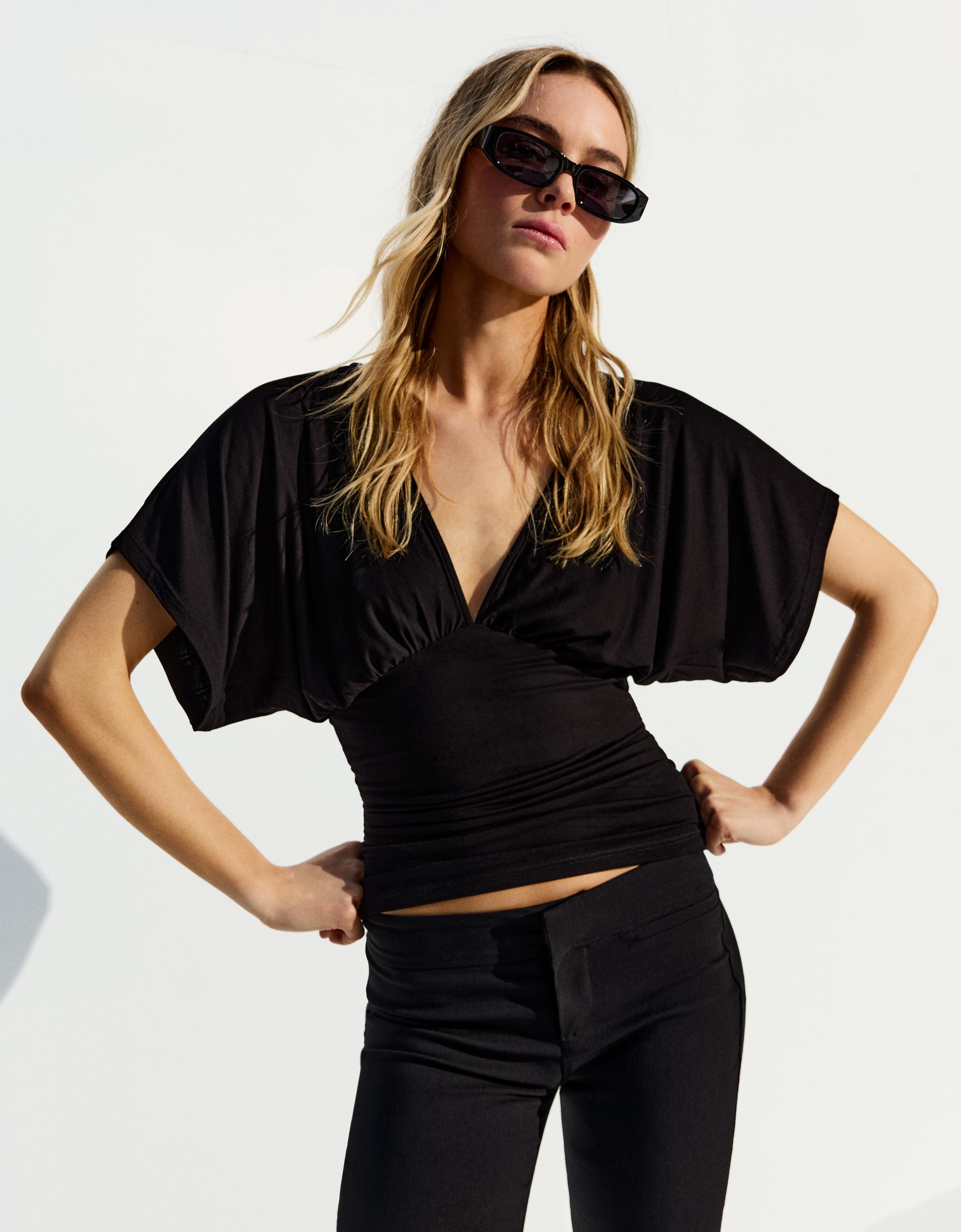 Camiseta Cuello Pico Frunces Mujer Xs Negro