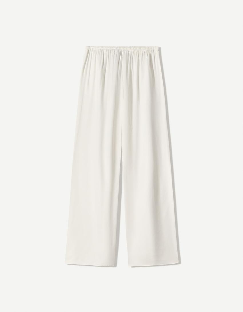 Pantalon jogging wide leg satin-Blanc-4