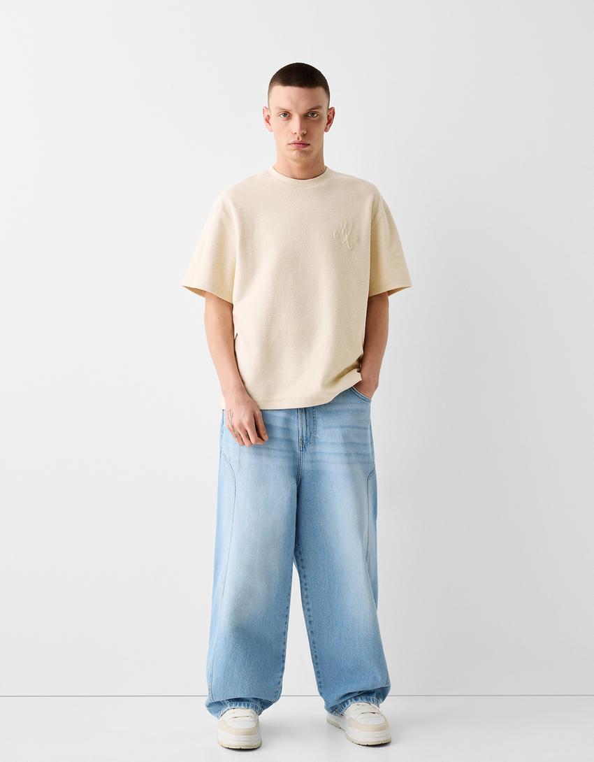 T-shirt manches courtes boxy fit imprimé-Blanc cassé-3