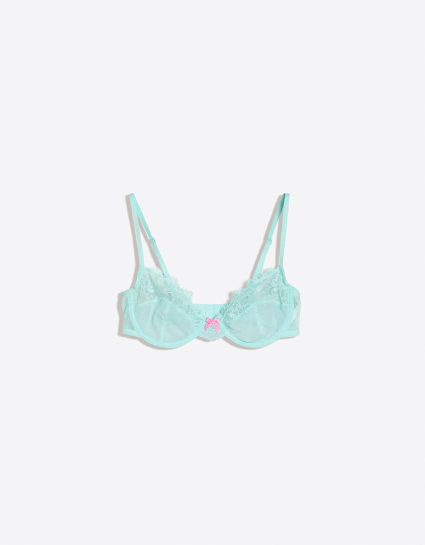 Mesh and lace bra with underwire-Turquoise