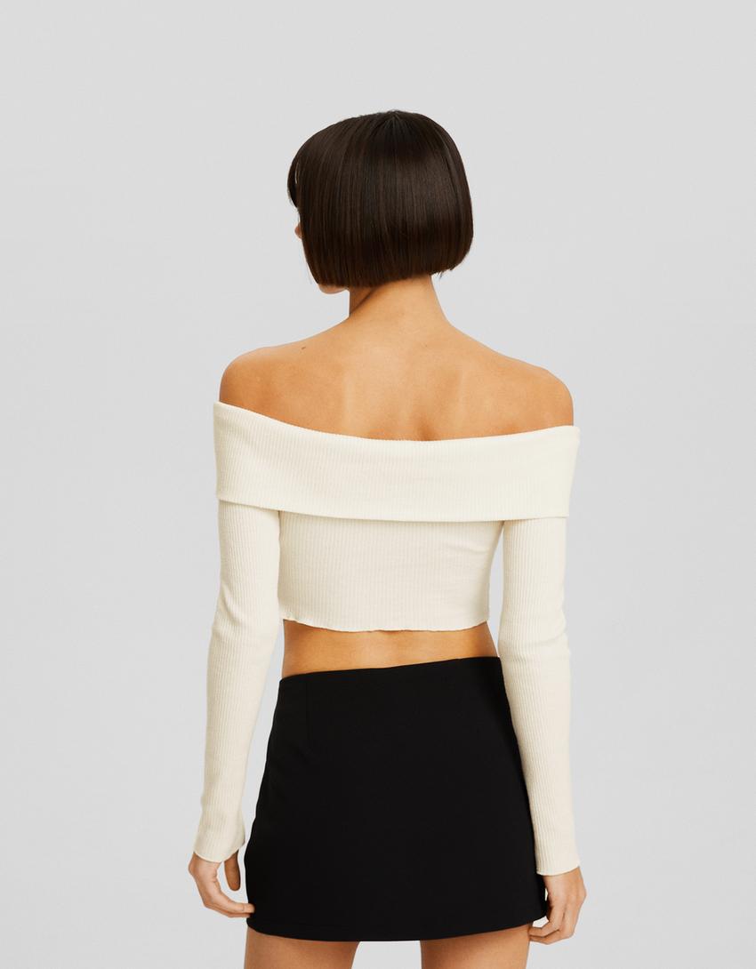 Zip-up knit bardot neck cardigan-Cream