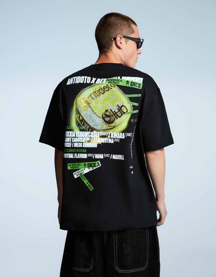 T-shirt Bershka Music DICE manga curta estampado-Preto