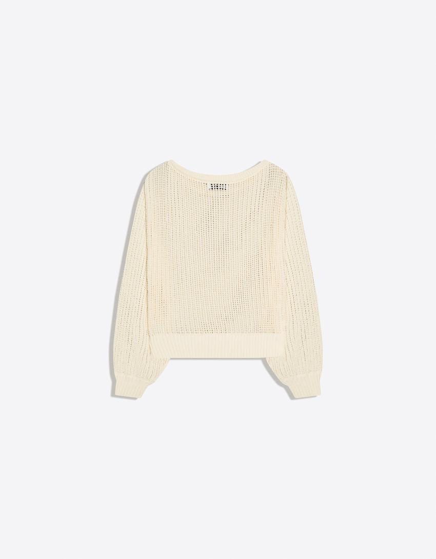 Rustikaler Strickpullover mit Lochmuster-Rohweiß