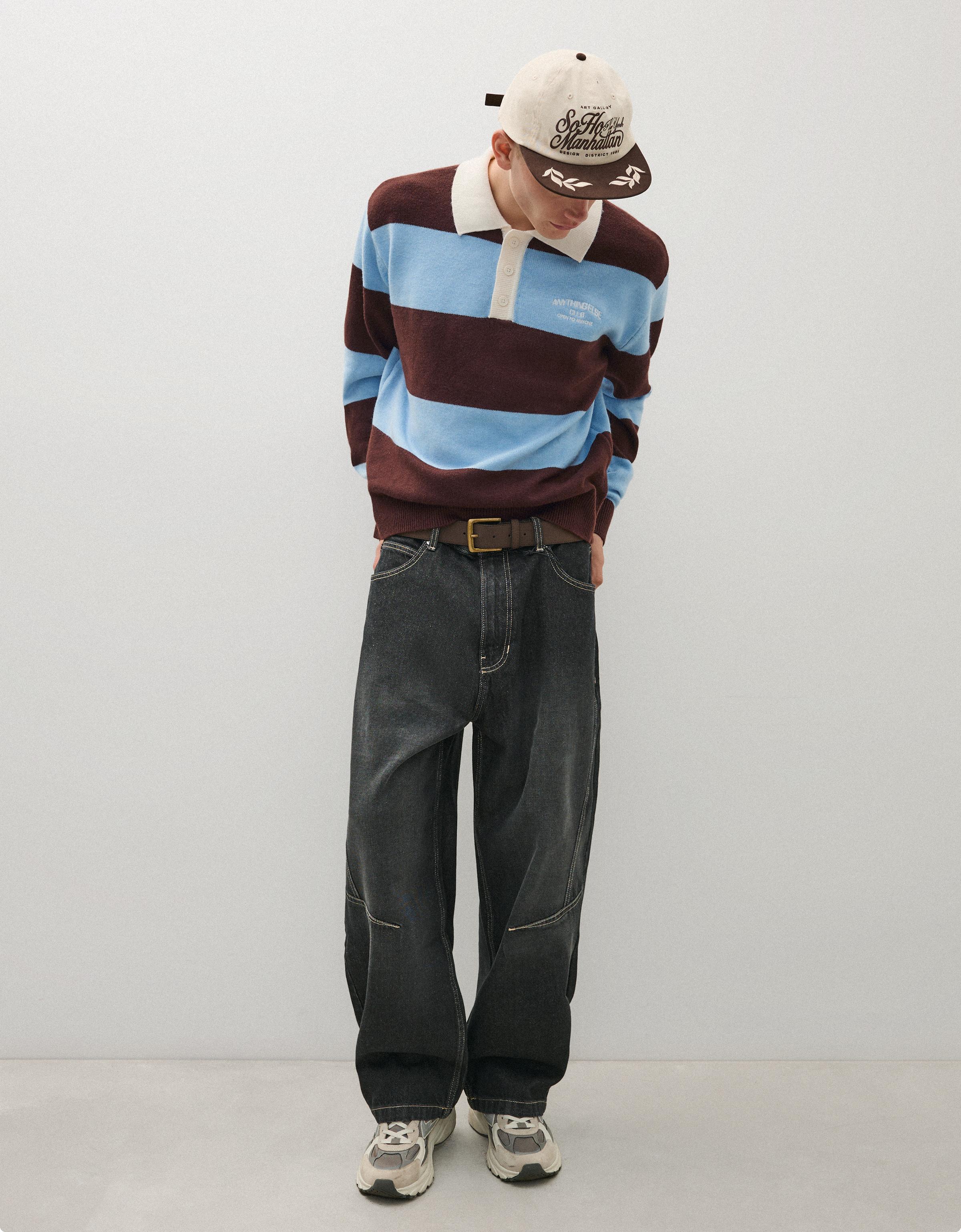 Bershka Jersey Cuello Polo Contraste Rayas Hombre L Marrón