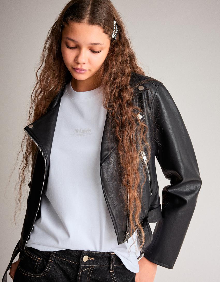 Bikerjacke aus Kunstleder-Schwarz