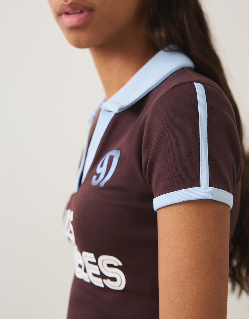 Short sleeve polo collar print T-shirt-Brown