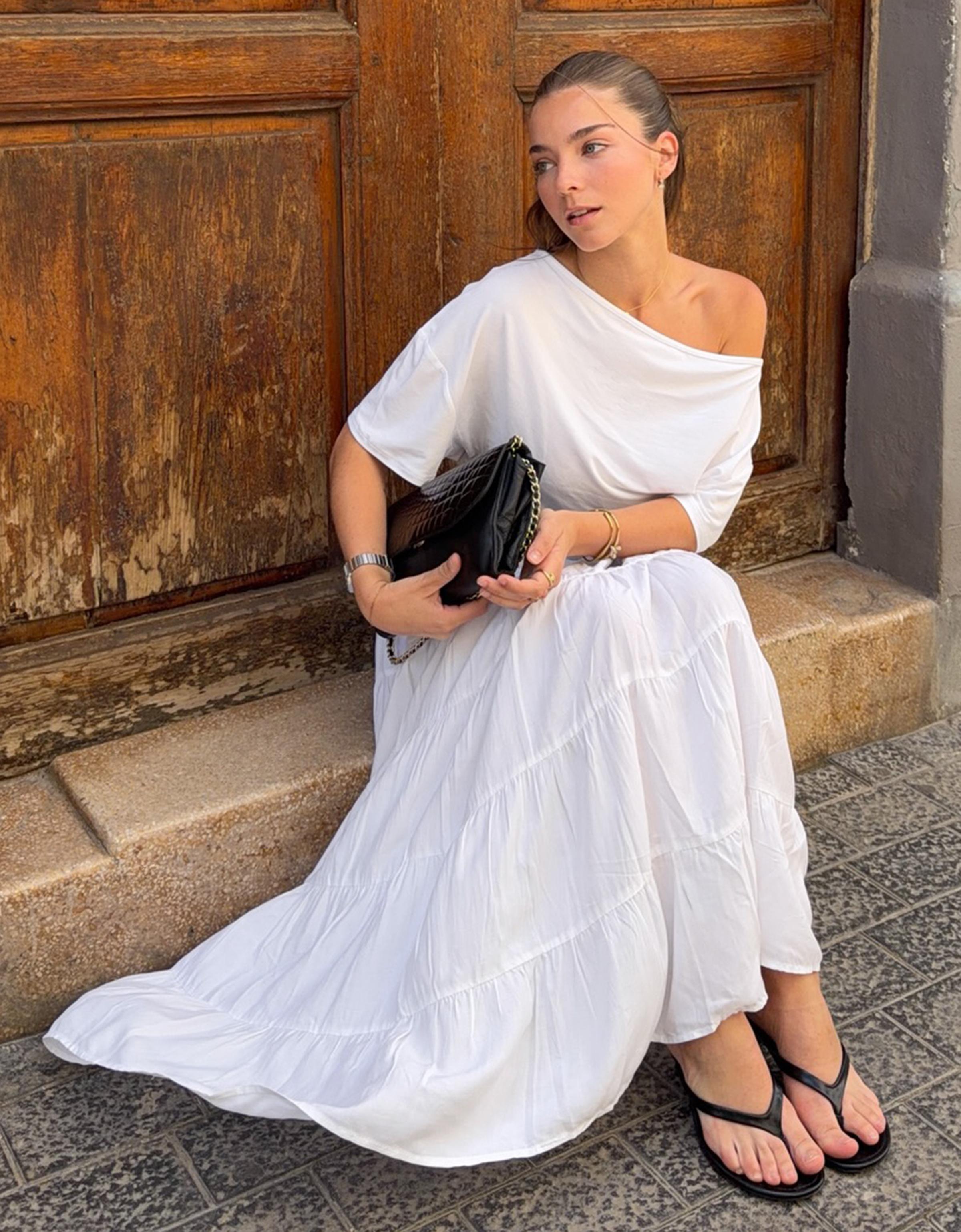 Fold-over waist midi skirt — White