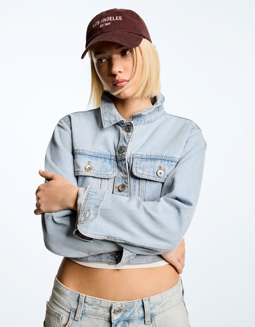 Cazadora denim cropped Mujer Bershka - Main Image