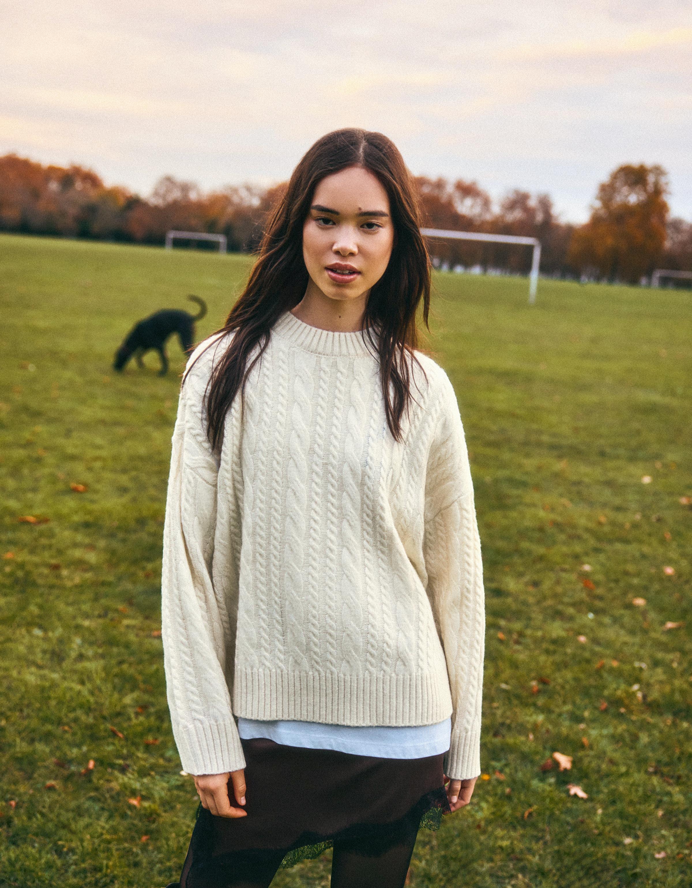 Bershka Geflochtener Pullover Damen L Rohweiß