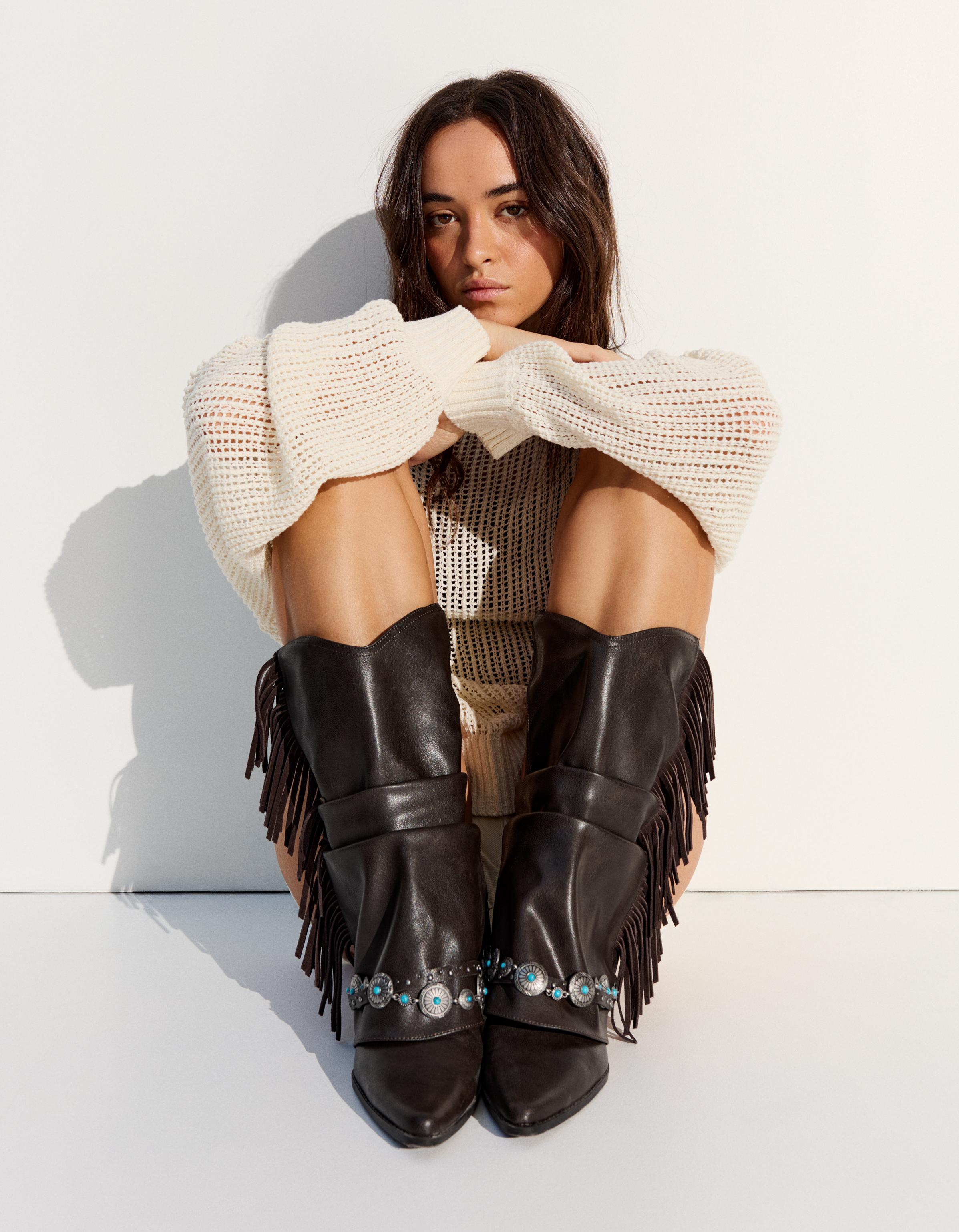 Fringed cowboy heel boots — Brown