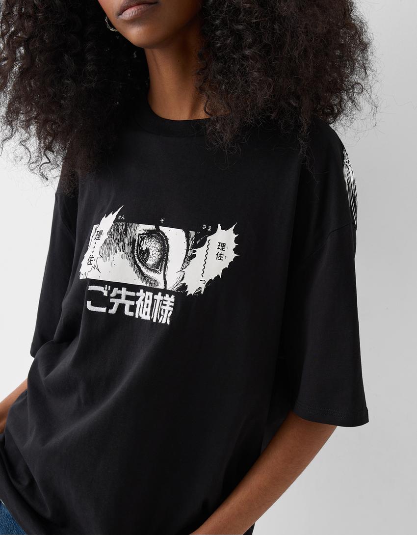 T-shirt Juni Ito Collection de manga curta boxy bordado-Preto-7