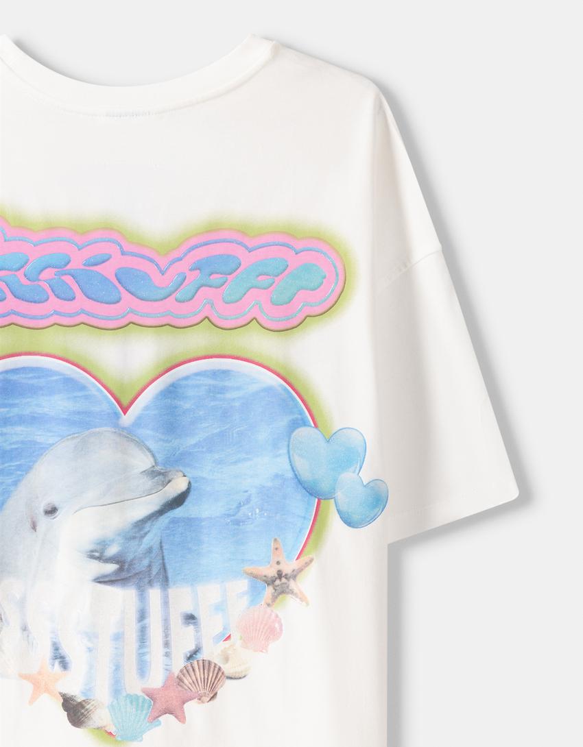 T-shirt SSSTUFFF X BERSHKA manches courtes brillants-Blanc cassé-4