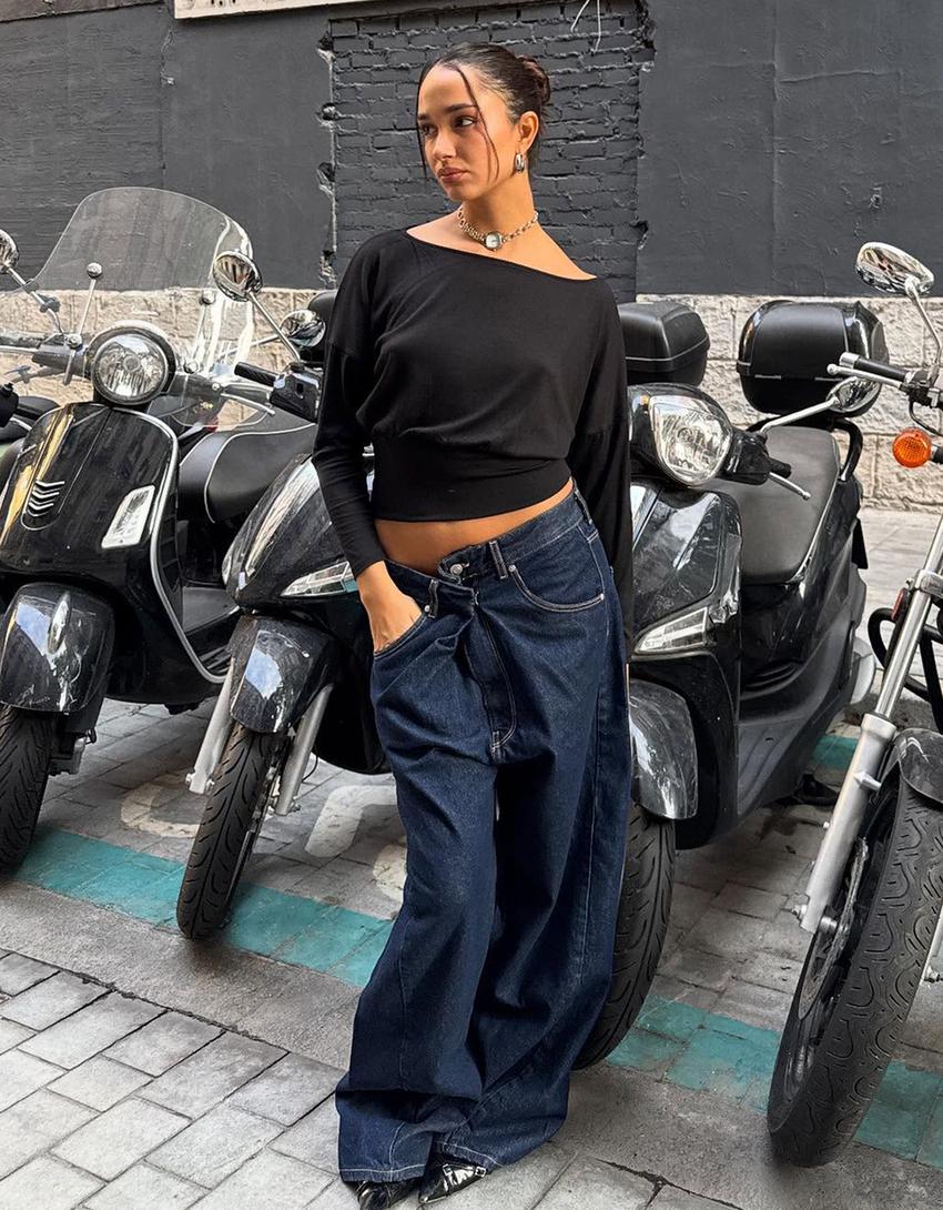 Jeans kaki lebar dengan pinggang bersilang-Navy