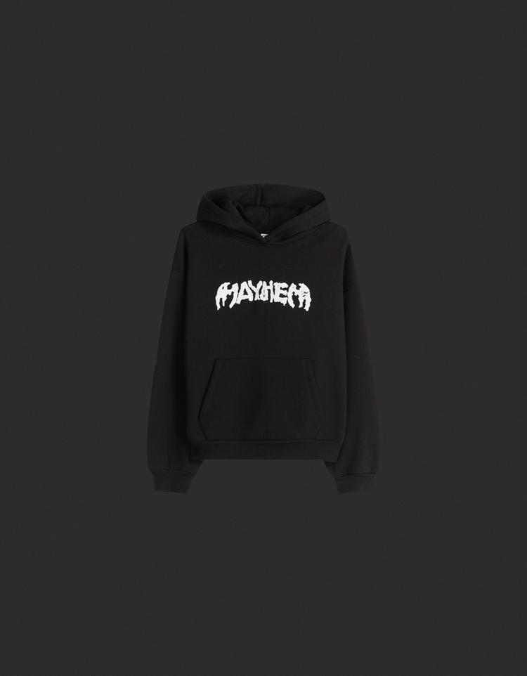 Front view of a black hooded sweatshirt with the text "MAYHEM" on the chest and a front kangaroo pocket.