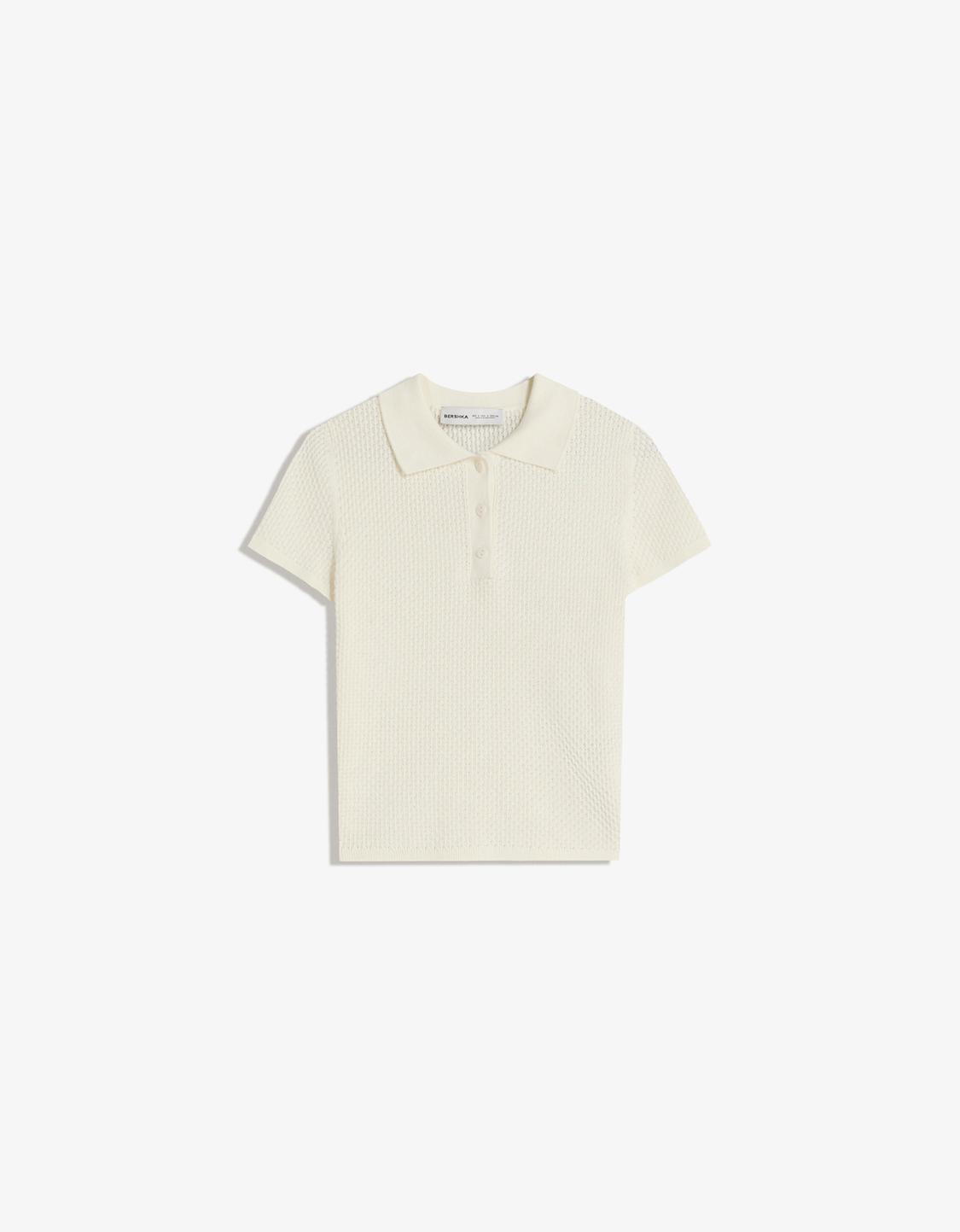 Textured polo collar short sleeve sweater