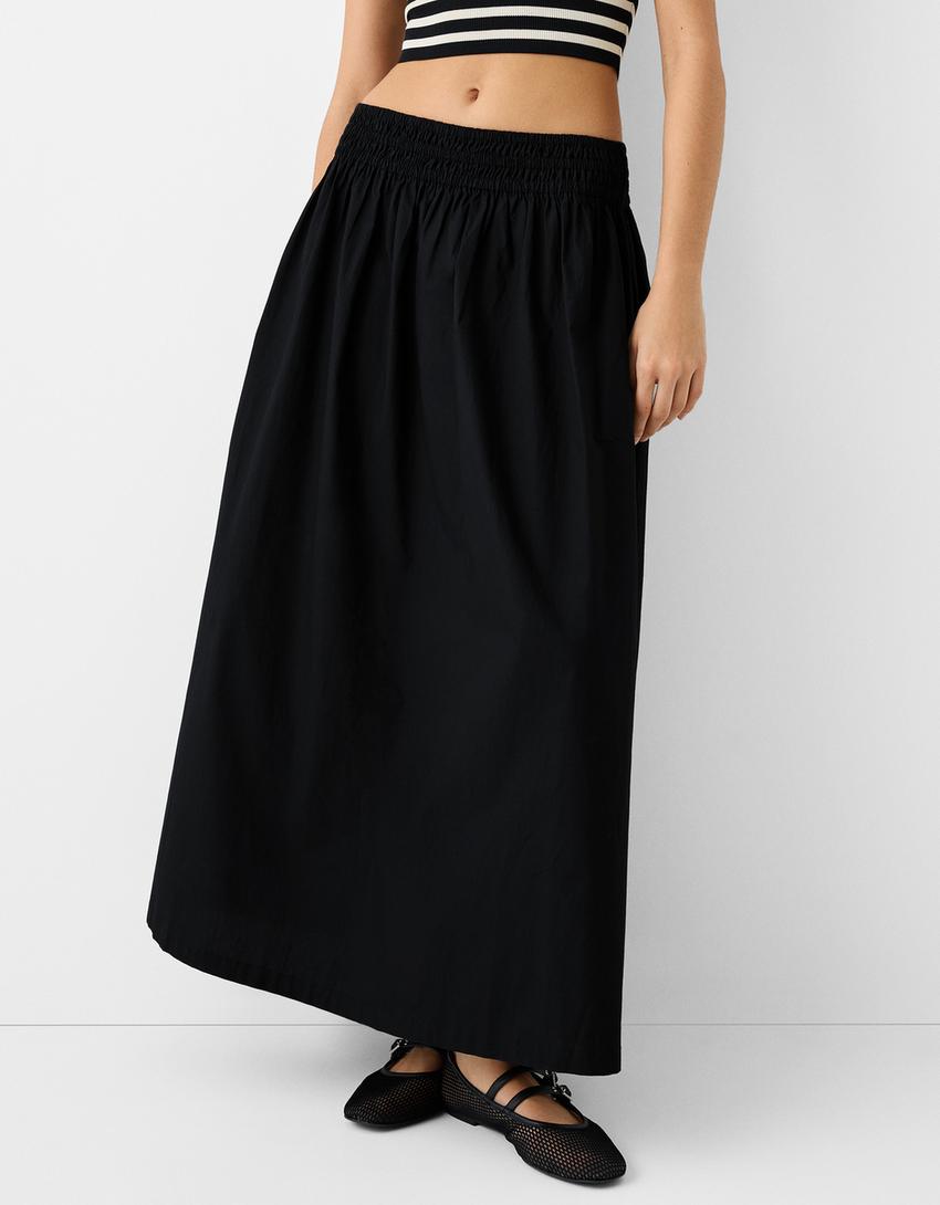 Poplin midi skirt with elastic waistband-Black-1