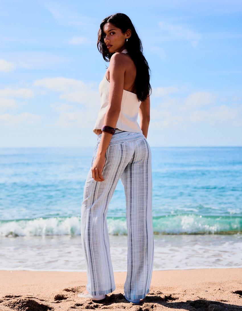 Pantalon en lin à rayures-Bleu lavé