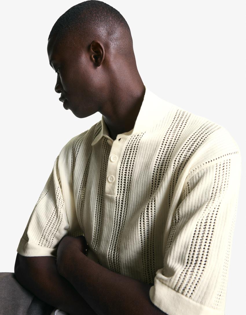 Textured openwork polo shirt-Off white