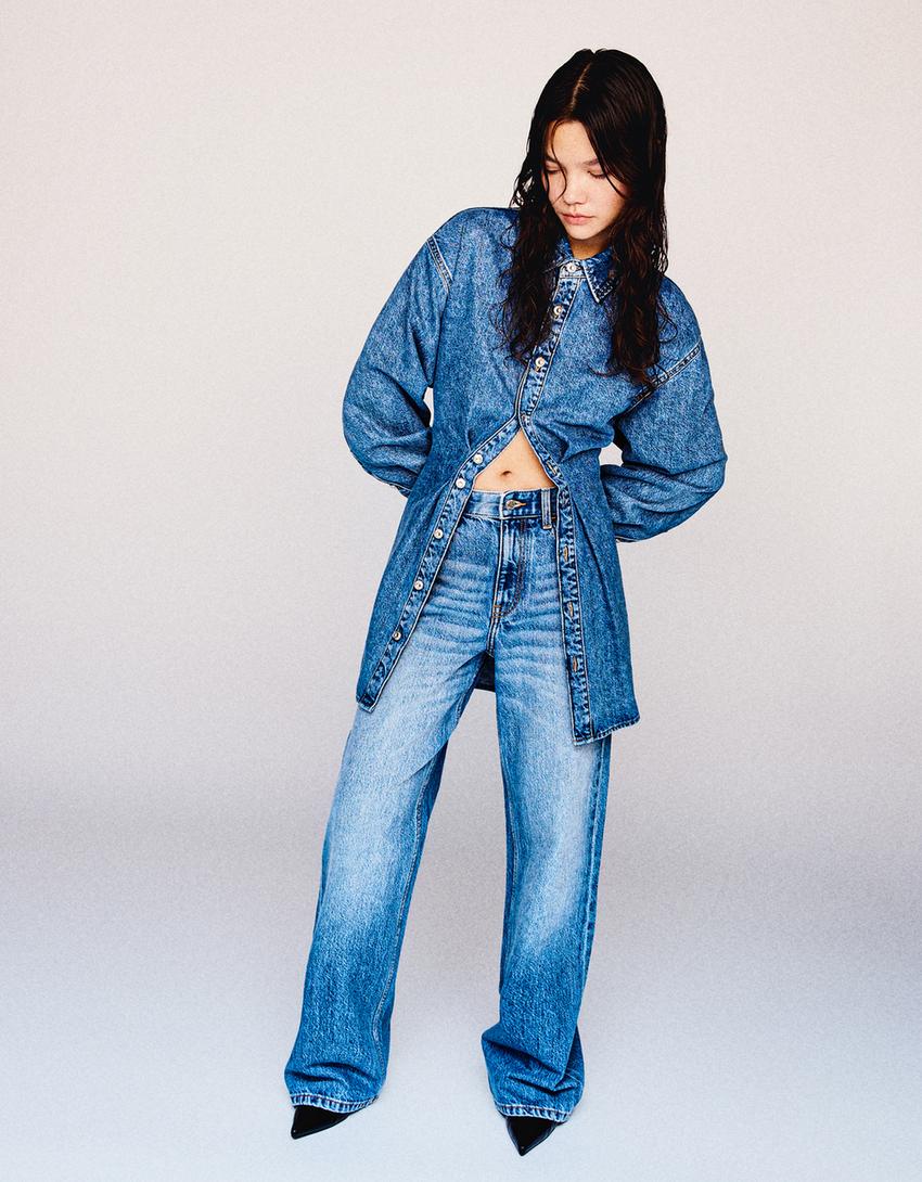 Wide Leg 90's Jeans-Ausgewaschenes Blau-0