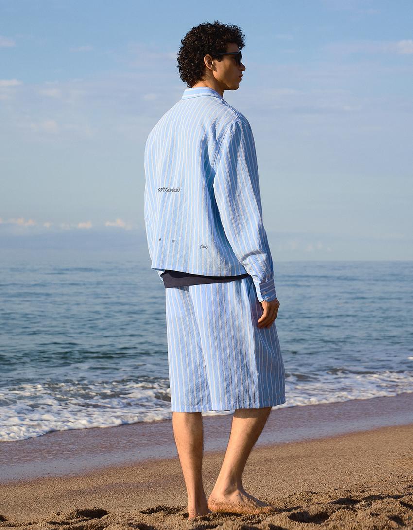 Süper baggy fit çizgili bermuda-Açık mavi