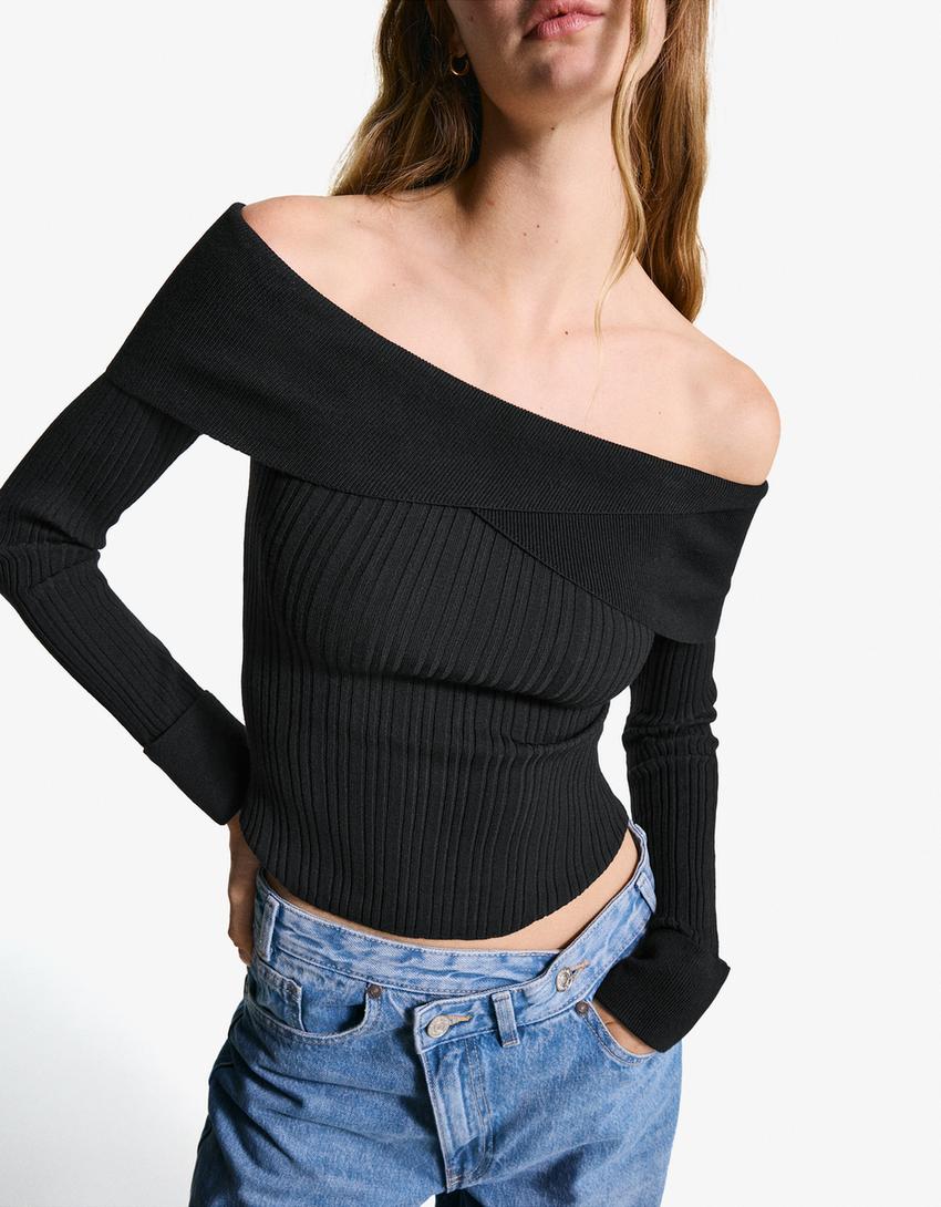 Pull texturé à col Bardot-Noir-0