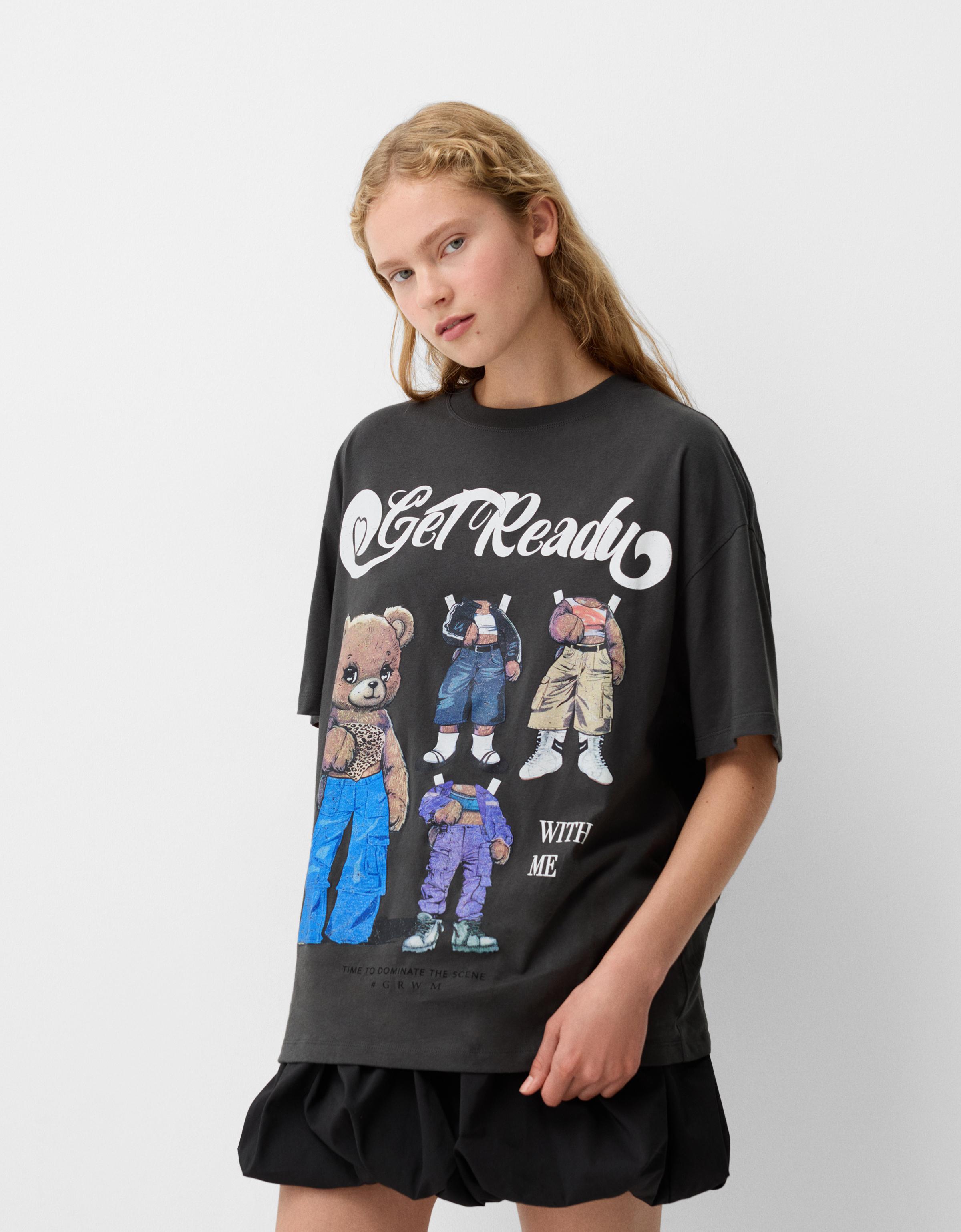 Bershka T-Shirt Oversize Print Damen L Grau