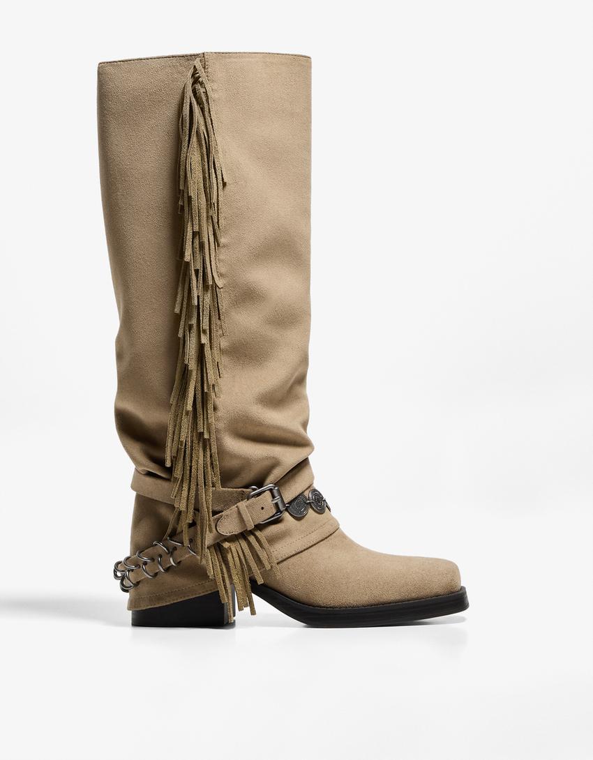 Flache Hosenstiefel mit Fransen-Sandfarbe-0
