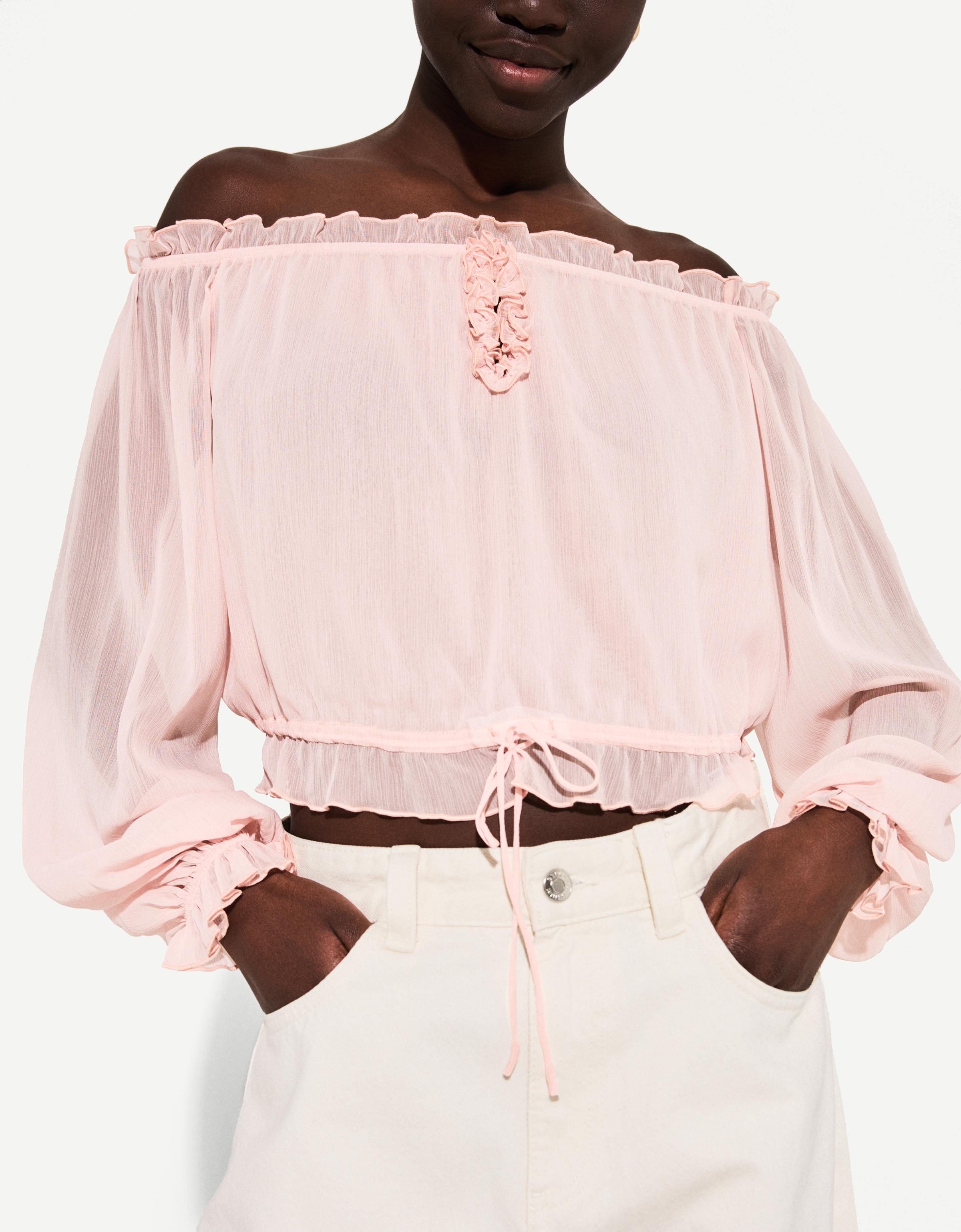 Bershka Bluse Mit Langen Ärmeln Und Schnürung Damen L Rosa