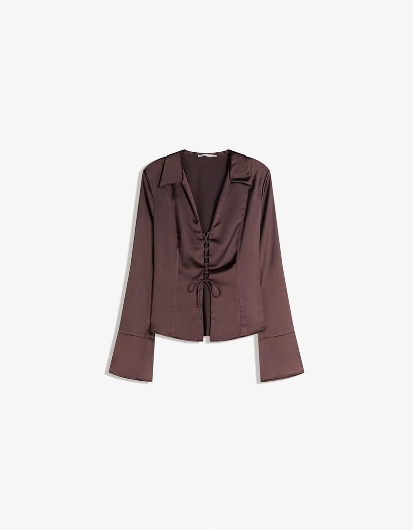 Chemise en satin à lacets-Marron