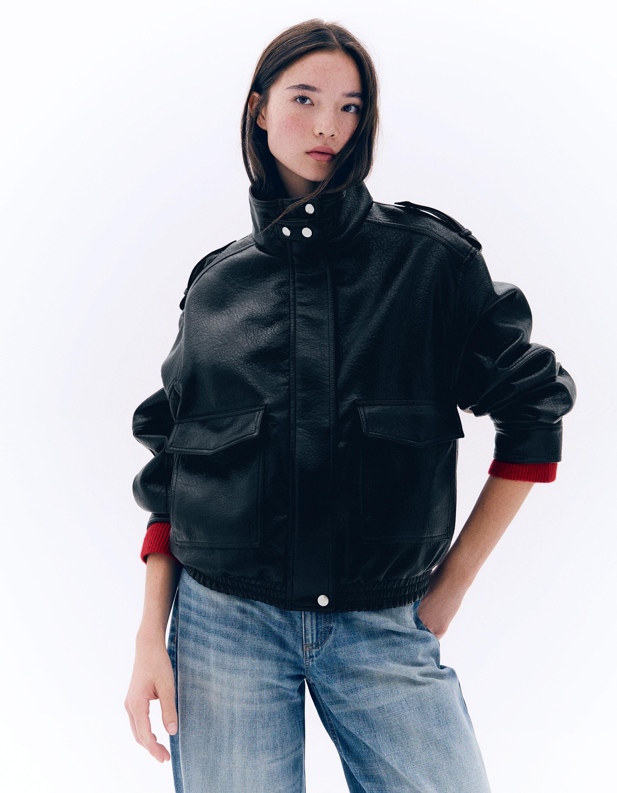 Bershka Cazadora Efecto Piel Cuello Chimenea Mujer Negro