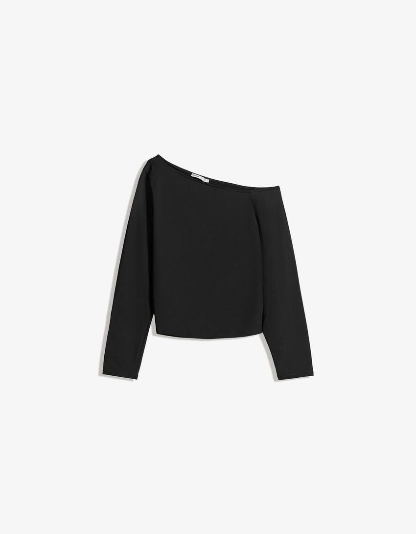 Langarmshirt mit asymmetrischem Kragen-Schwarz