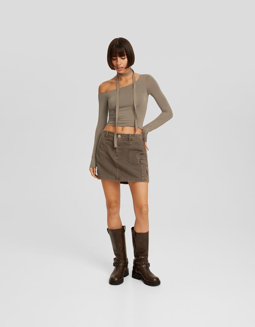 تيشرت وشاح غير متماثل بأكمام طويلة-كاكي-3