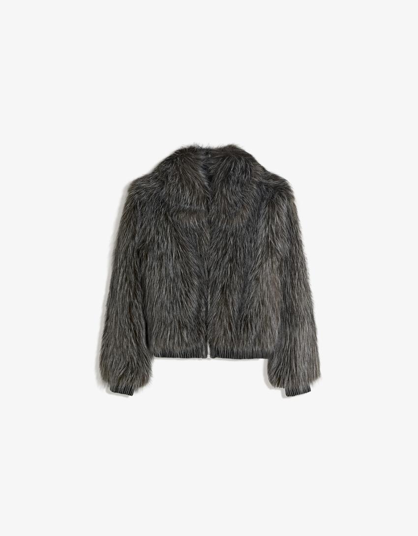 Zip-up faux fur jacket-Grey-4