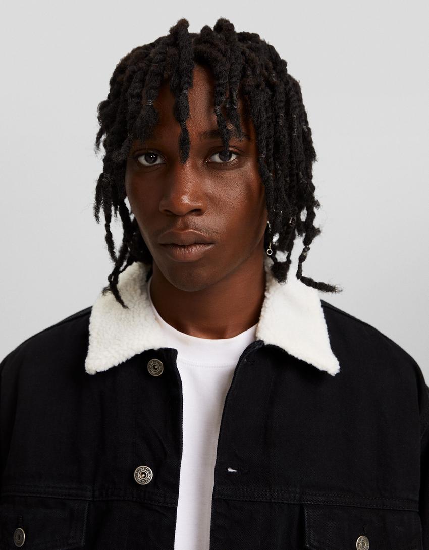 Faux shearling denim jacket-Black-2