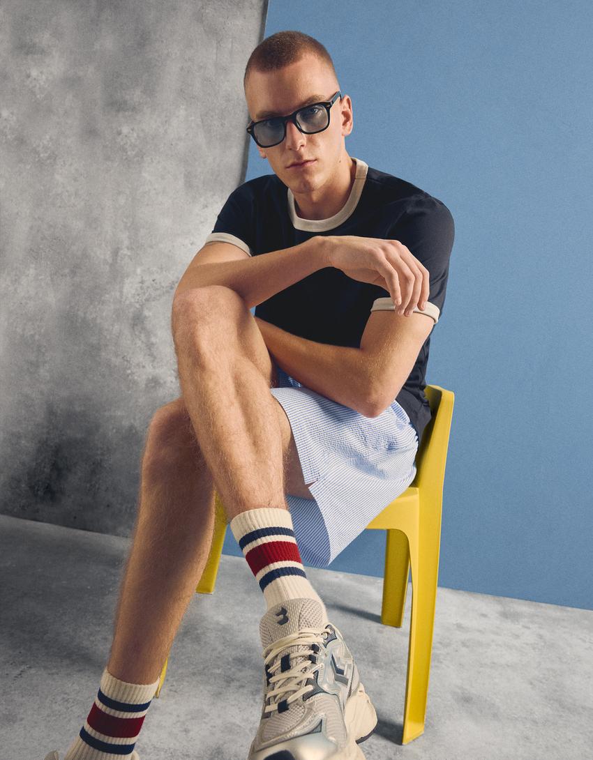 Short sleeve contrast rib T-shirt-Navy