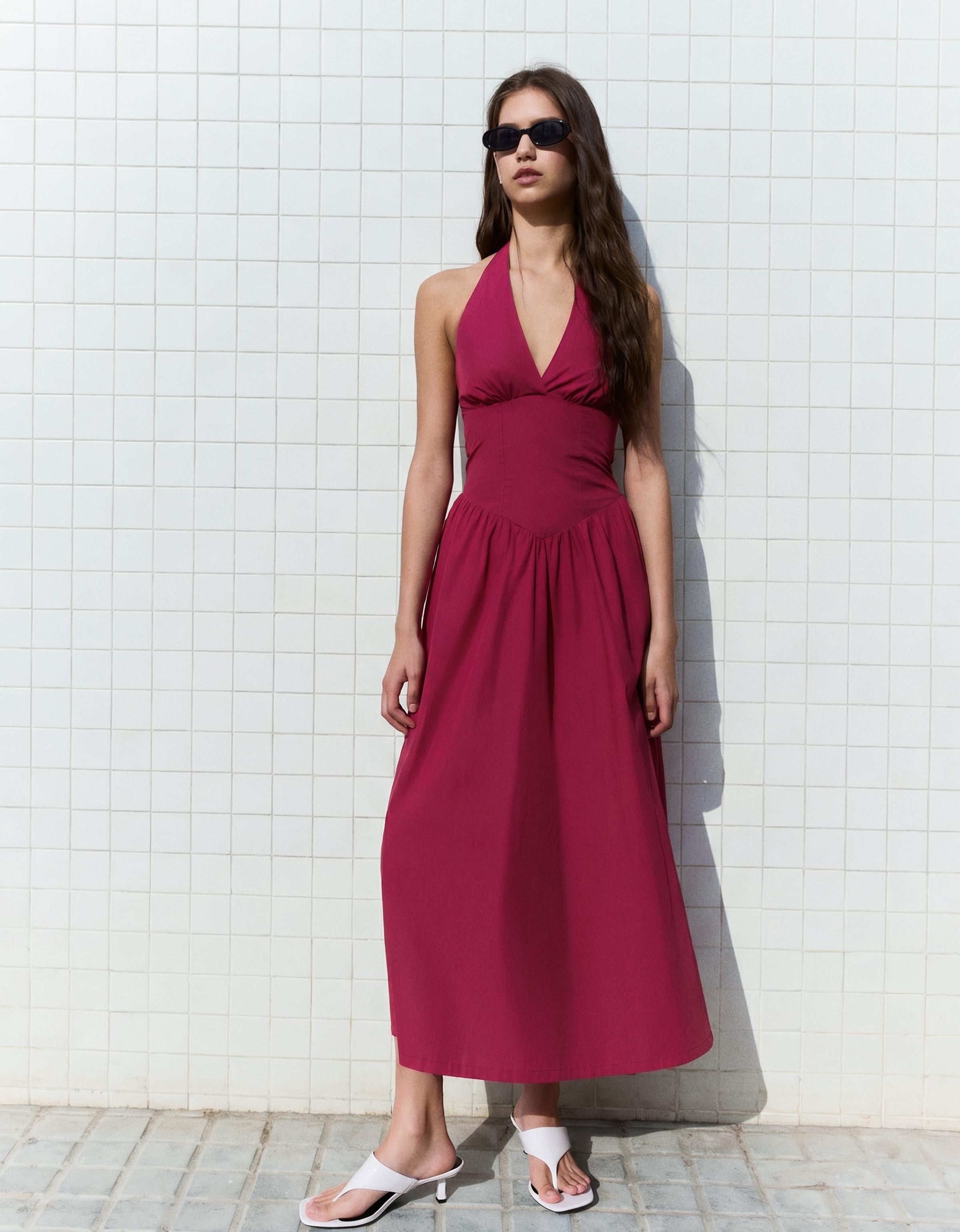 Long halter poplin dress — Burgundy