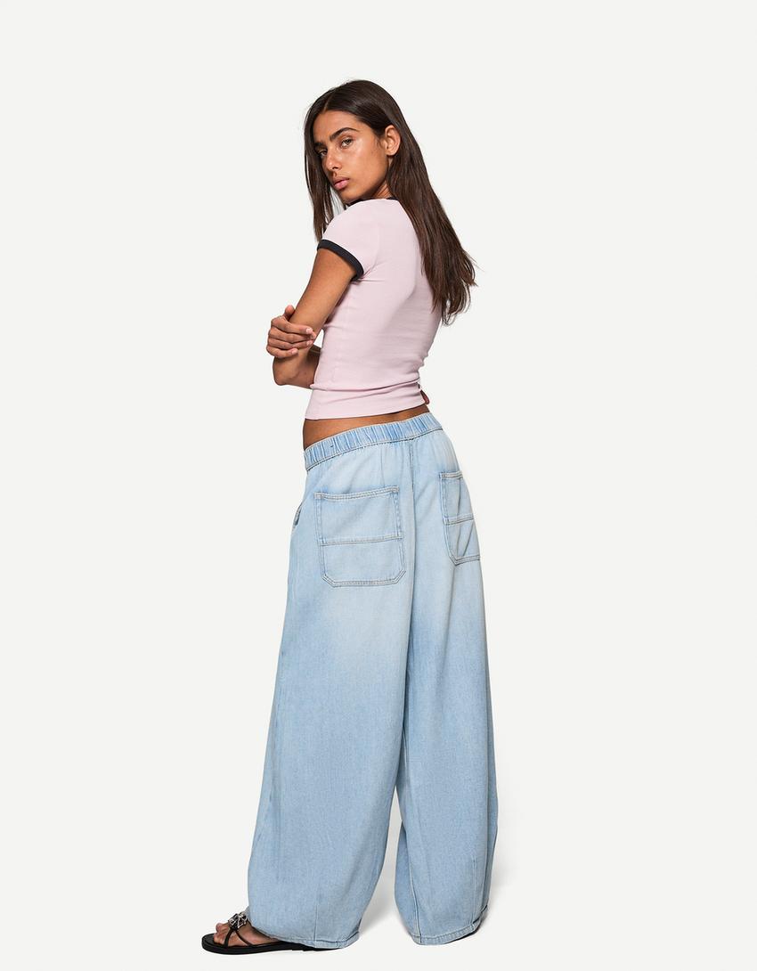 Barrel-Jeans mit Gummibund-Ausgewaschenes Blau-1