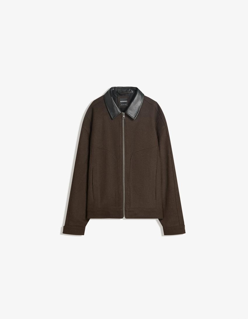 Synthetic wool jacket with contrast collar-Brown