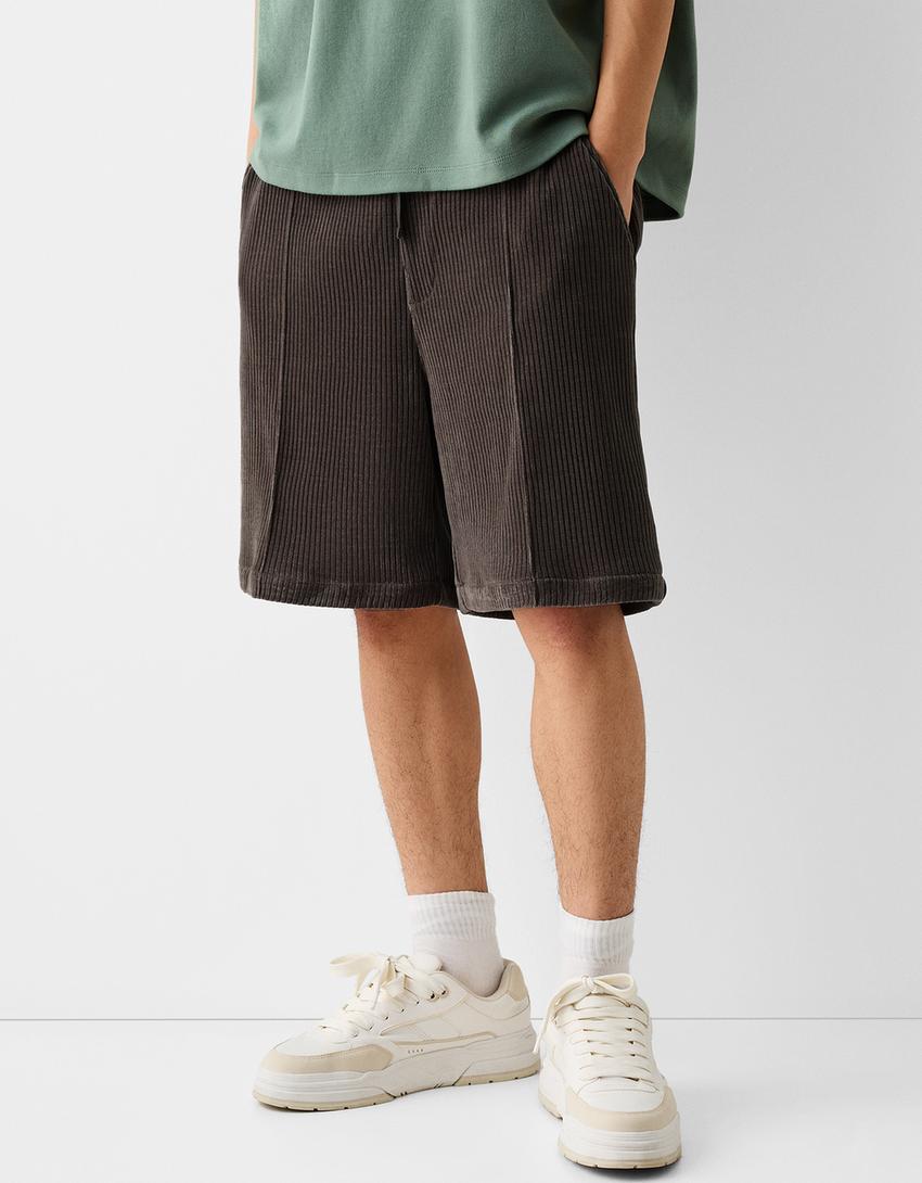 Loose fit chenille Bermuda shorts-Brown-1