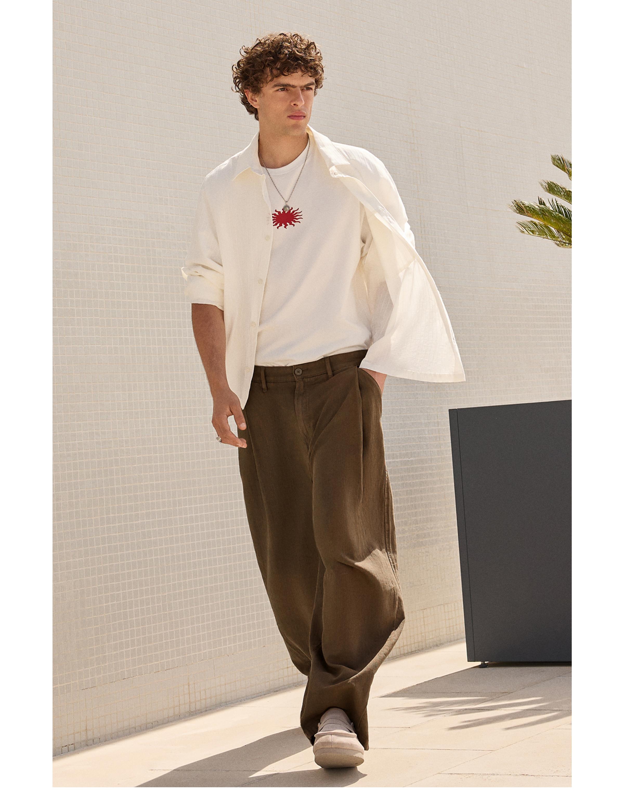 Bershka Ketenli super baggy fit pantolon görsel 8