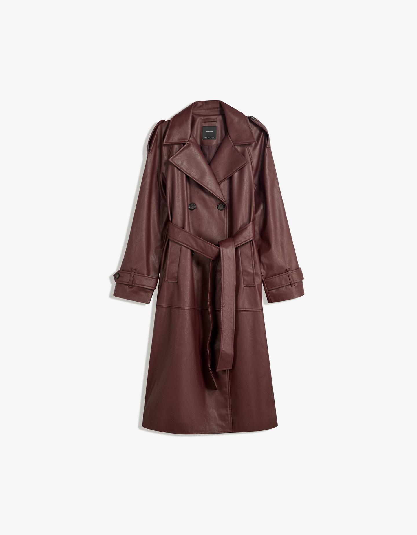 Bershka Abrigo Trench Efecto Piel Mujer Xxs Granate