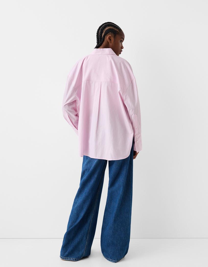 قميص فضفاض مخطط بأكمام طويلة-زهري-1