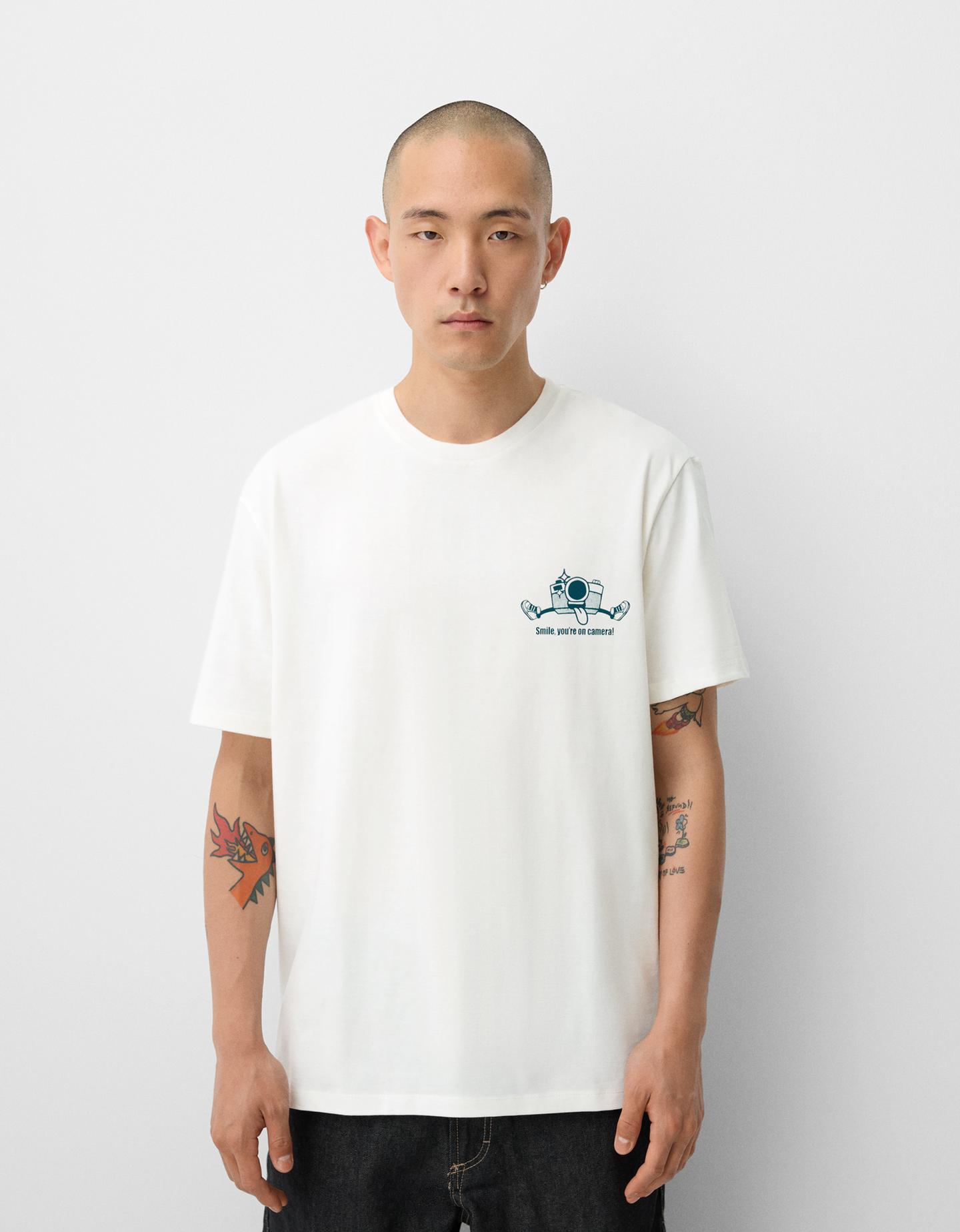 Bershka Camiseta Manga Corta Print Hombre M Blanco Roto